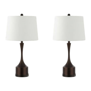 Set of Two Antiqued Bronze Usb Table Lamps with Classic Empire Shades for Bedside