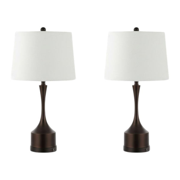 Set of Two Antiqued Bronze Usb Table Lamps with Classic Empire Shades for Bedside