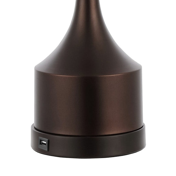 Set of Two Antiqued Bronze Usb Table Lamps with Classic Empire Shades for Bedside