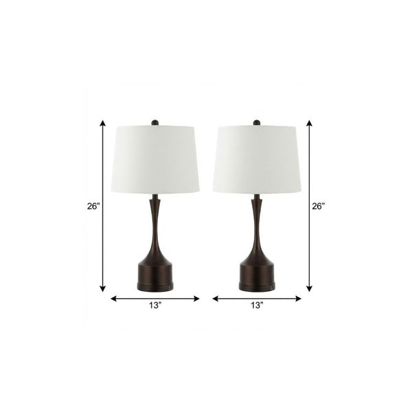 Set of Two Antiqued Bronze Usb Table Lamps with Classic Empire Shades for Bedside
