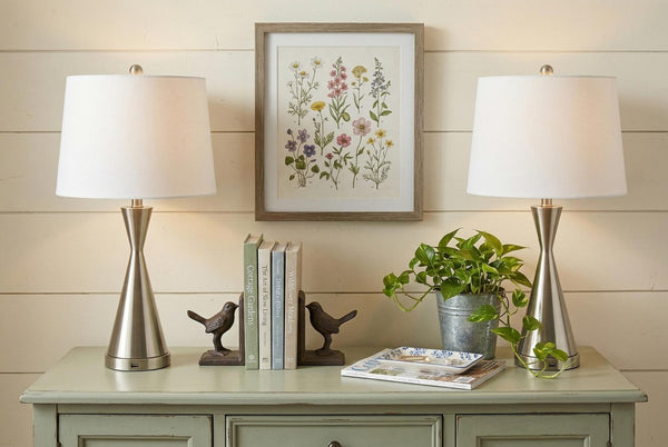 Set of Two Brushed Nickel Empire Shade Table Lamps for Elegant Living Room Decor
