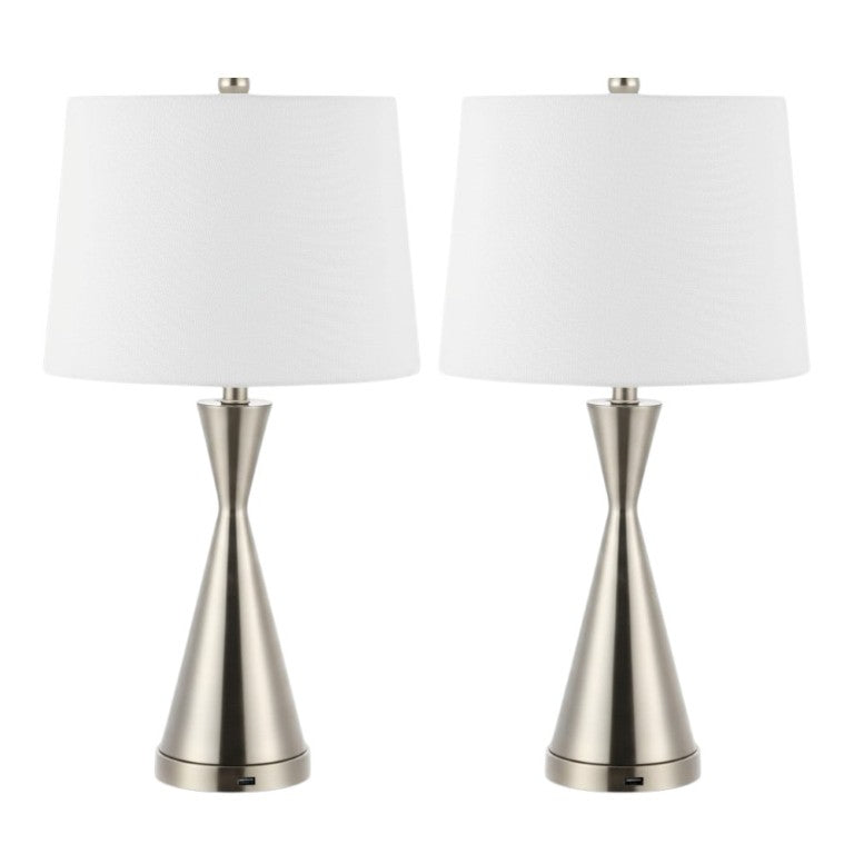 HomeRoots Set of Two Brushed Nickel Empire Shade Table Lamps for Elegant Living Room Decor 716029