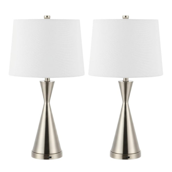 HomeRoots Set of Two Brushed Nickel Empire Shade Table Lamps for Elegant Living Room Decor 716029