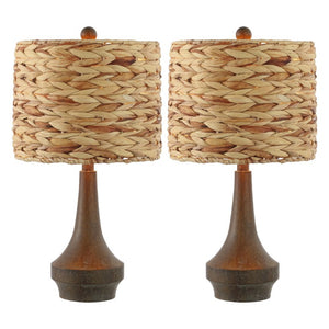 HomeRoots Set of Two Gourd Shaped Bedside Table Lamps with Drum Shades for Bedroom Decor 716036