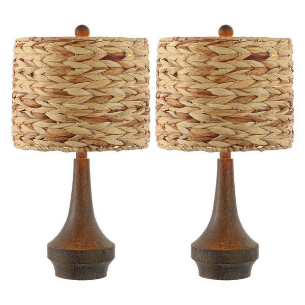 HomeRoots Set of Two Gourd Shaped Bedside Table Lamps with Drum Shades for Bedroom Decor 716036
