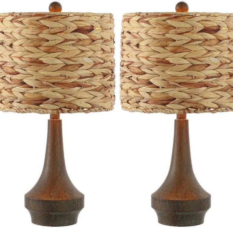 HomeRoots Set of Two Gourd Shaped Bedside Table Lamps with Drum Shades for Bedroom Decor 716036