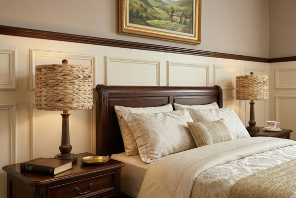 Set of Two Dark Brown Bedside Table Lamps with Classic Drum Shades for Bedroom