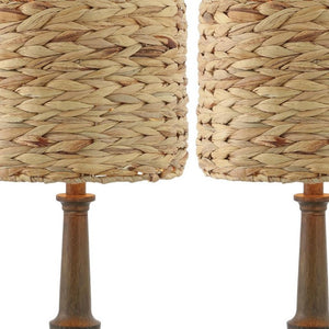 Set of Two Dark Brown Bedside Table Lamps with Classic Drum Shades for Bedroom