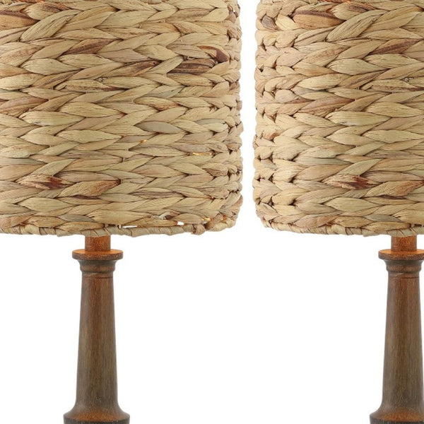 Set of Two Dark Brown Bedside Table Lamps with Classic Drum Shades for Bedroom