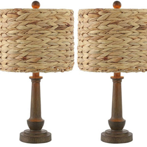 Set of Two Dark Brown Bedside Table Lamps with Classic Drum Shades for Bedroom