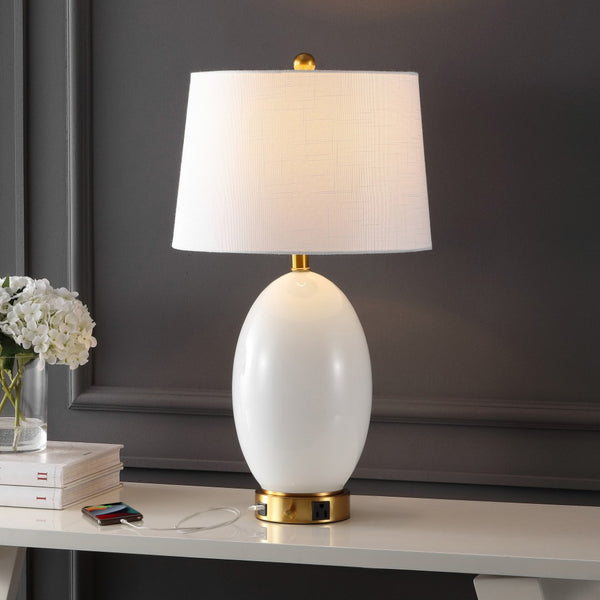 HomeRoots 27" Gold Table Lamp with White Linen Empire Shade - Elegant LED Lighting for Home & Office Spaces 716039