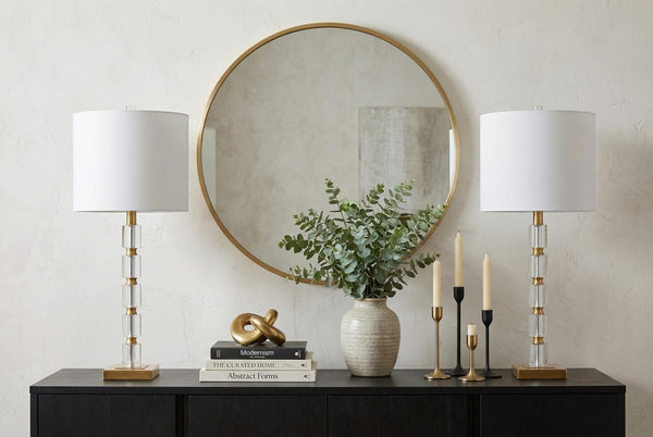 Set of Two Brass Accent Table Lamps with Clear Glass Base and Drum Shade Pair