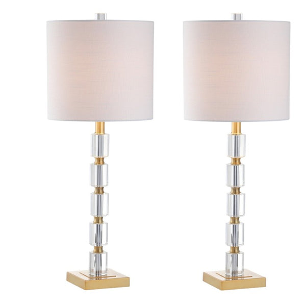 HomeRoots Set of Two Brass Accent Table Lamps with Clear Glass Base and Drum Shade Pair 716051