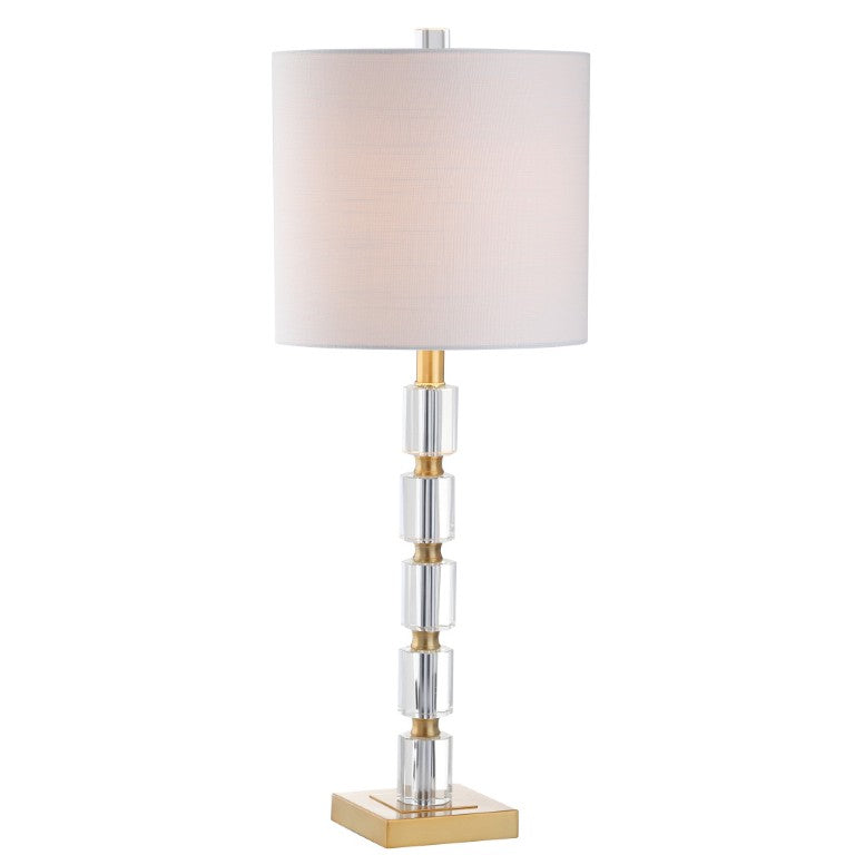 HomeRoots Set of Two Brass Accent Table Lamps with Clear Glass Base and Drum Shade Pair 716051