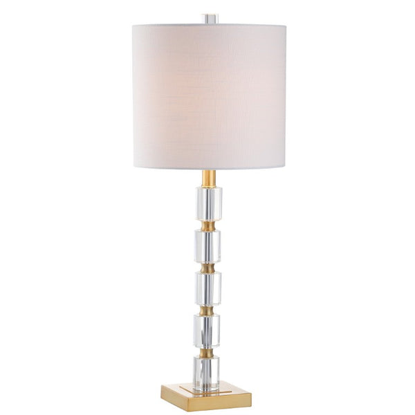 Set of Two Brass Accent Table Lamps with Clear Glass Base and Drum Shade Pair