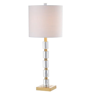 Set of Two Brass Accent Table Lamps with Clear Glass Base and Drum Shade Pair