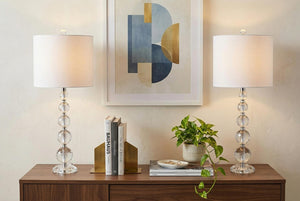 Set of Two Glass Table Lamps with Drum Shades for Modern Living Room Decor