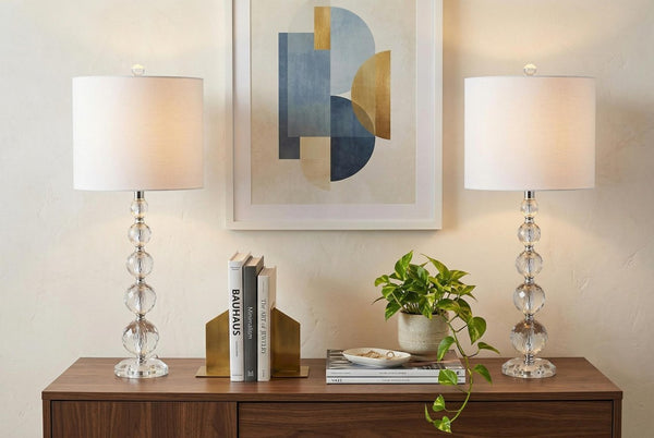 Set of Two Glass Table Lamps with Drum Shades for Modern Living Room Decor