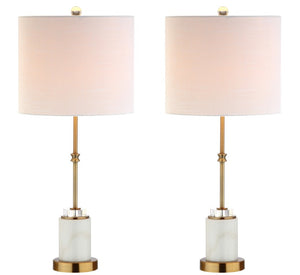 HomeRoots Set of Two Glam Brass Accent Table Lamps with White Drum Shades for Living Room 716053