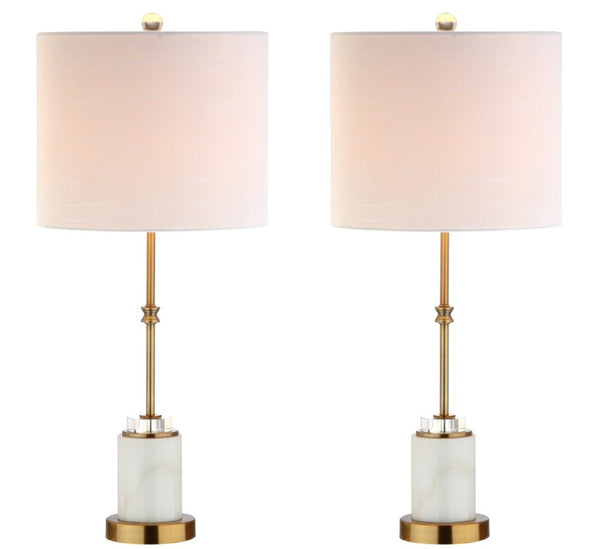 HomeRoots Set of Two Glam Brass Accent Table Lamps with White Drum Shades for Living Room 716053