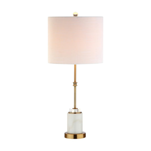 Set of Two Glam Brass Accent Table Lamps with White Drum Shades for Living Room