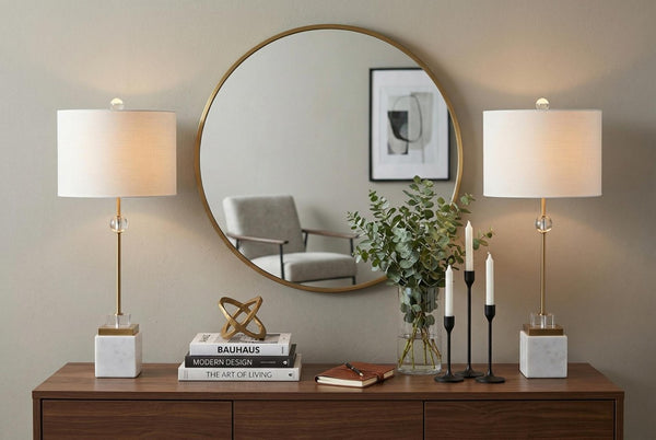 Set of Two Table Lamps with Fabric Drum Shades for Modern Living Rooms and Bedrooms