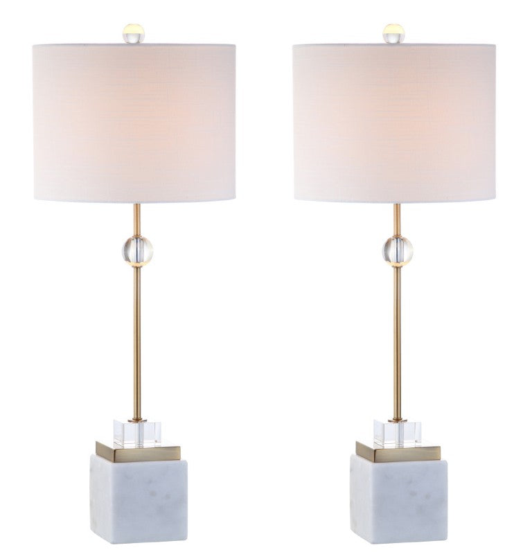 HomeRoots Set of Two Table Lamps with Fabric Drum Shades for Modern Living Rooms and Bedrooms White Marble / Linen 716057