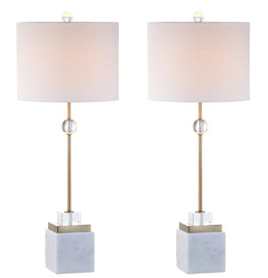 HomeRoots Set of Two Table Lamps with Fabric Drum Shades for Modern Living Rooms and Bedrooms White Marble / Linen 716057