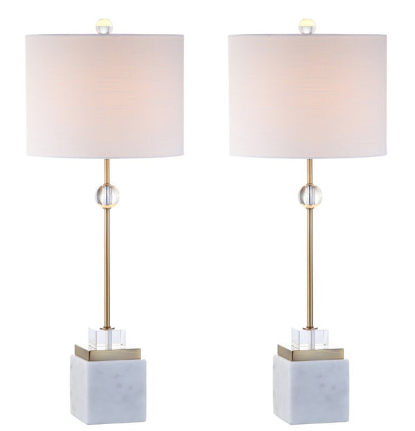 HomeRoots Set of Two Table Lamps with Fabric Drum Shades for Modern Living Rooms and Bedrooms White Marble / Linen 716057
