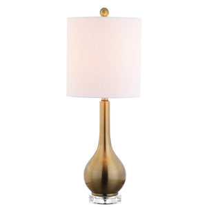 HomeRoots 25 Inch Clear Glass Gourd Table Lamp with Fabric Drum Shade for Living Rooms 716059