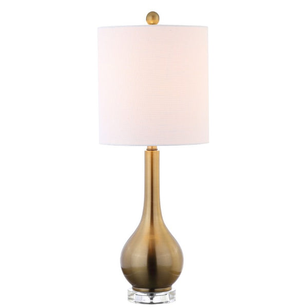 25 Inch Clear Glass Gourd Table Lamp with Fabric Drum Shade for Living Rooms