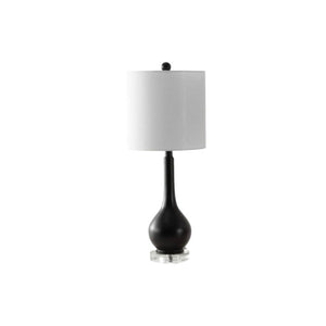 Set of Two Clear Glass Gourd Accent Lamps with Neutral Drum Shades for Living Rooms