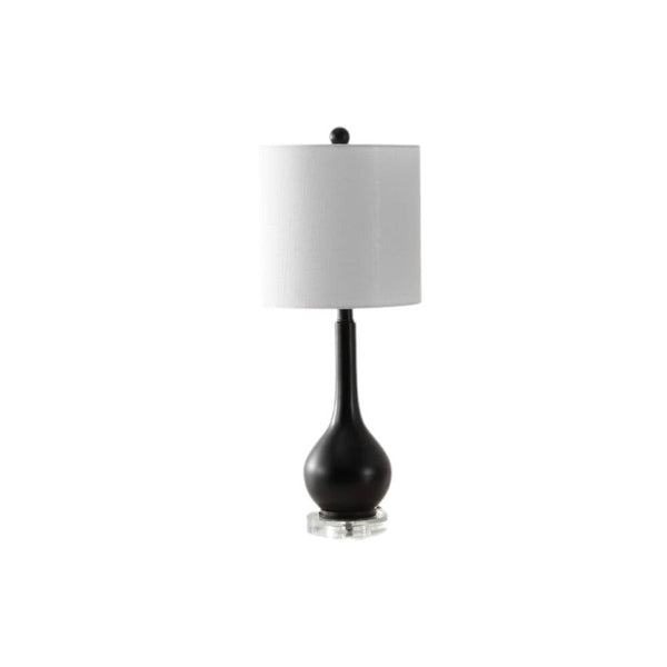Set of Two Clear Glass Gourd Accent Lamps with Neutral Drum Shades for Living Rooms