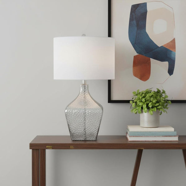 HomeRoots 27" Clear Novelty Table Lamp - Crystal Base with White Drum Shade for Modern Home Decor & Ambiance 716070