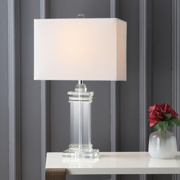 HomeRoots 26" Silver Novelty Table Lamp - Elegant LED Lighting with Crystal Base & White Linen Drum Shade 716073