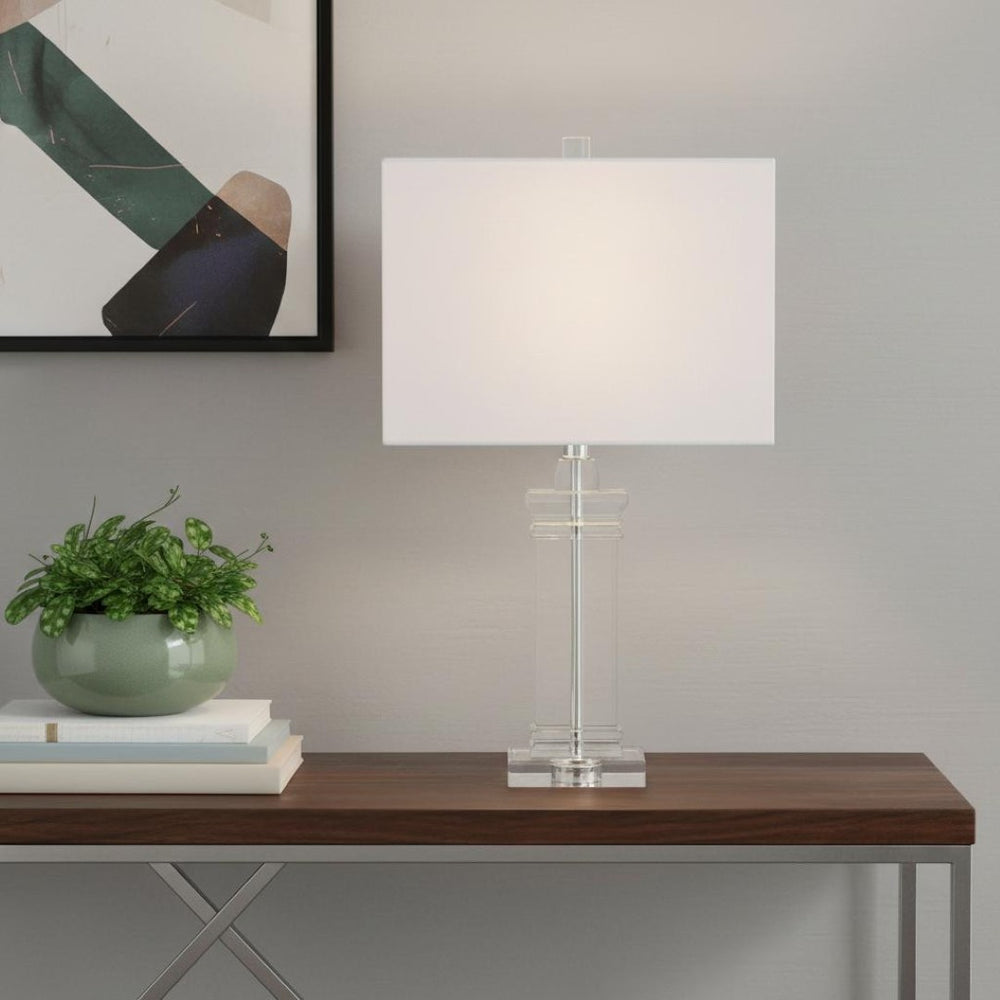 HomeRoots 26" Silver Novelty Table Lamp - Elegant LED Lighting with Crystal Base & White Linen Drum Shade 716073