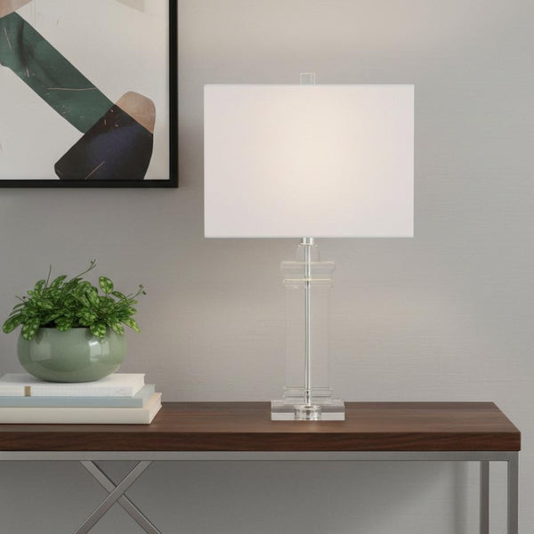 HomeRoots 26" Silver Novelty Table Lamp - Elegant LED Lighting with Crystal Base & White Linen Drum Shade 716073