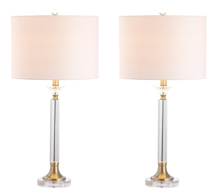 HomeRoots Set of Two Table Lamps with Fabric Drum Shades for Elegant Living Room Bedroom Decor Clear / Gold Linen / Crystal 716074