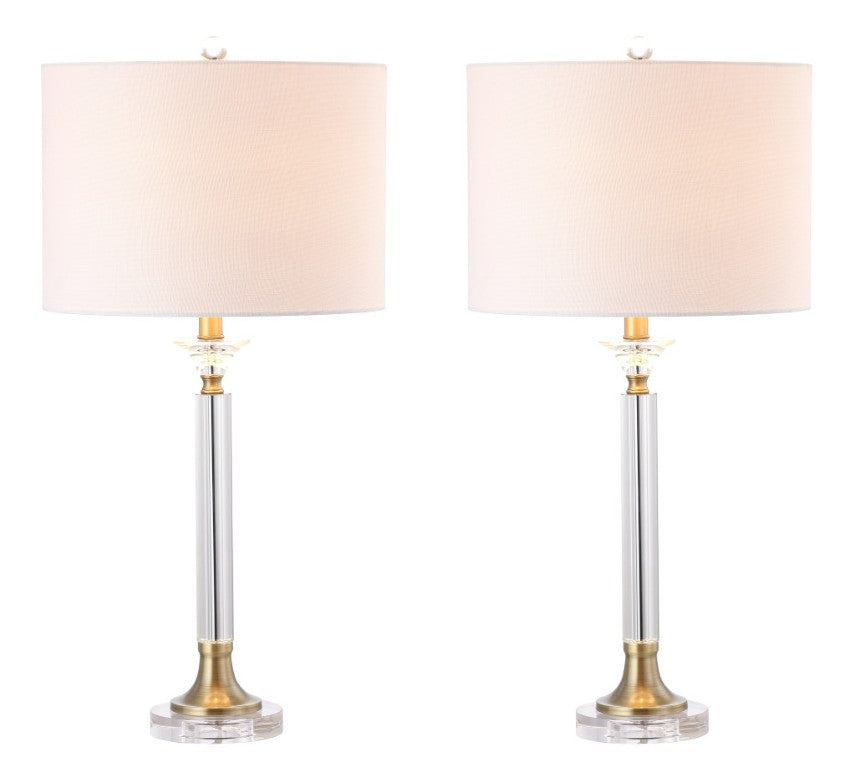 HomeRoots Set of Two Table Lamps with Fabric Drum Shades for Elegant Living Room Bedroom Decor Clear / Gold Linen / Crystal 716074