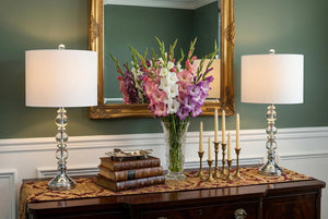 Set of Two Silver Finish Accent Table Lamps Featuring Drum Shades for Modern Living