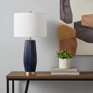 HomeRoots 29" Gold Novelty Table Lamp - Chic Modern Design with White Linen Drum Shade for Ambient Lighting 716079