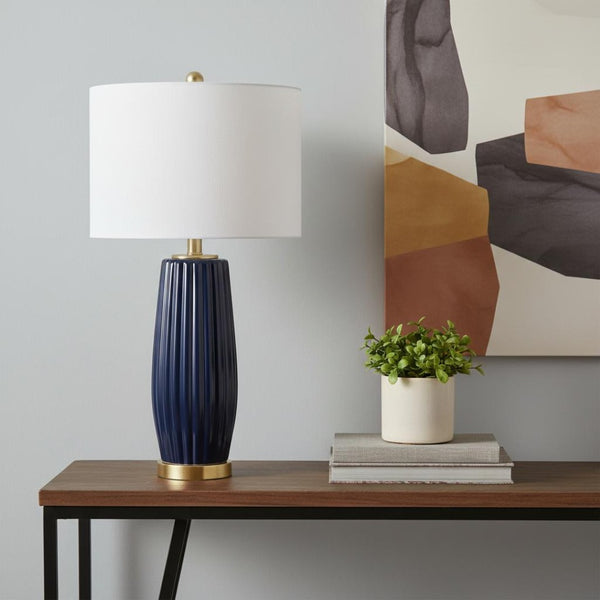 HomeRoots 29" Gold Novelty Table Lamp - Chic Modern Design with White Linen Drum Shade for Ambient Lighting 716079