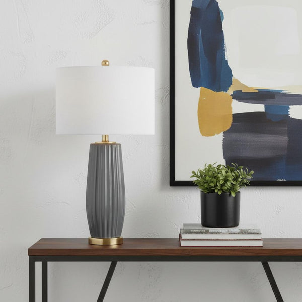 HomeRoots 30" Gold Gourd Table Lamp LED – Elegant Sculpted Base with White Linen Shade for Modern Spaces 716081