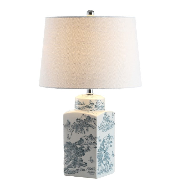 HomeRoots 25 Inch Blue White Ceramic Table Lamp with Drum Shade for Living or Bedroom Decor 716082