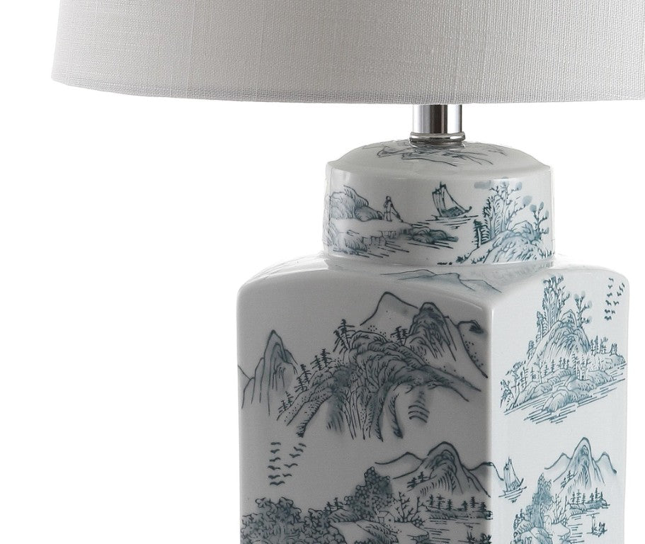 HomeRoots 25 Inch Blue White Ceramic Table Lamp with Drum Shade for Living or Bedroom Decor 716082