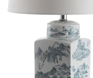 25 Inch Blue White Ceramic Table Lamp with Drum Shade for Living or Bedroom Decor
