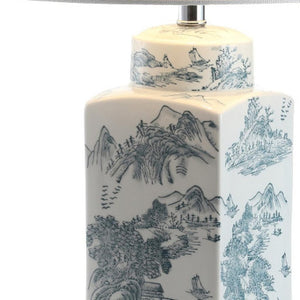 25 Inch Blue White Ceramic Table Lamp with Drum Shade for Living or Bedroom Decor