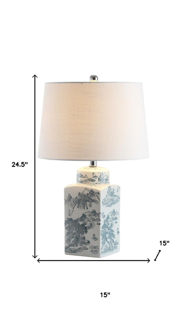 25 Inch Blue White Ceramic Table Lamp with Drum Shade for Living or Bedroom Decor
