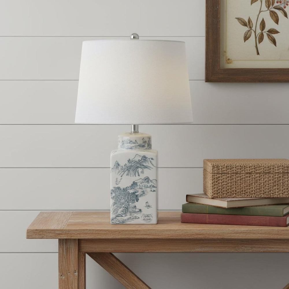 HomeRoots 20" Modern Clear Table Lamp with White Linen Shade for Stylish Illumination in Any Room 716087
