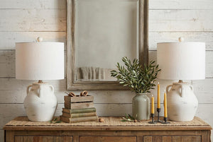 Set of Two Clear Glass Table Lamps with Drum Shades for Living Room Decor
